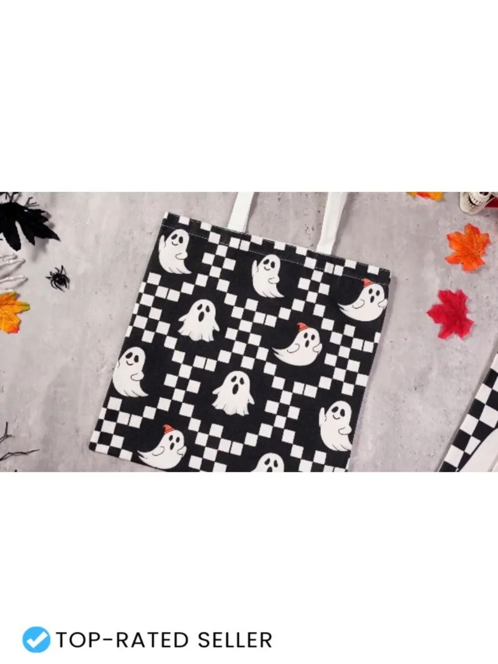 Set of 3 Halloween Checkerboard Ghost Tote Bags Canvas Trick or Treat Candy